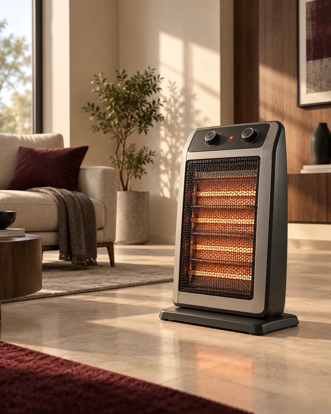 Room heater in a warm living room, editorial imagery